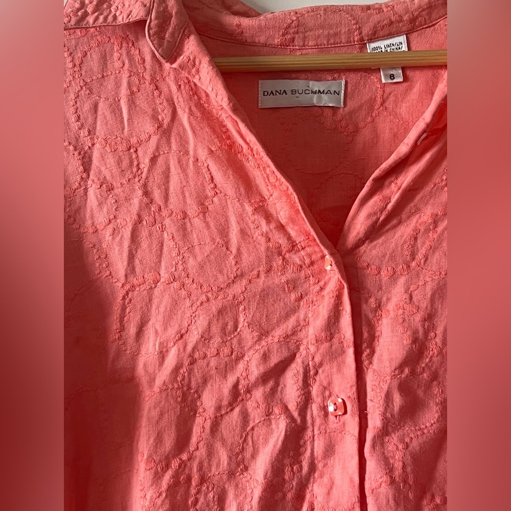 NWOT Dana Buchman Linen Coral Button-Down Shirt W/Embroidery. Size 6/S. - Picture 2 of 15
